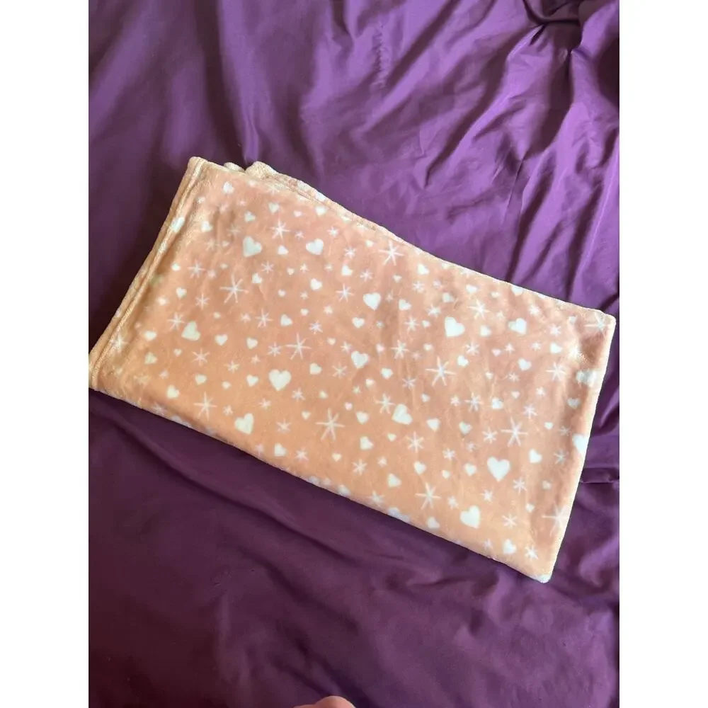 Soft Pink Hearts & Stars Fleece Blanket 50x58 Plush Cozy Baby Lap Throw